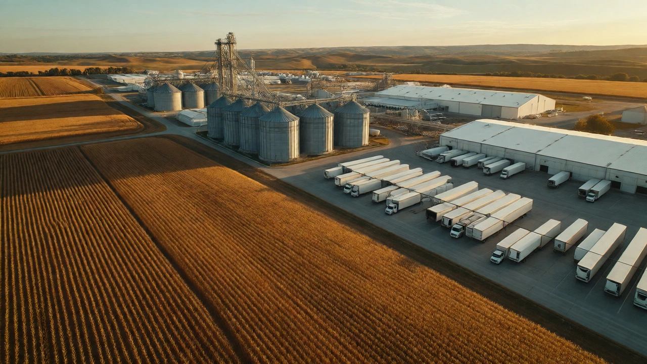 Aerial view of grain fields adjacent to large food processing facilities