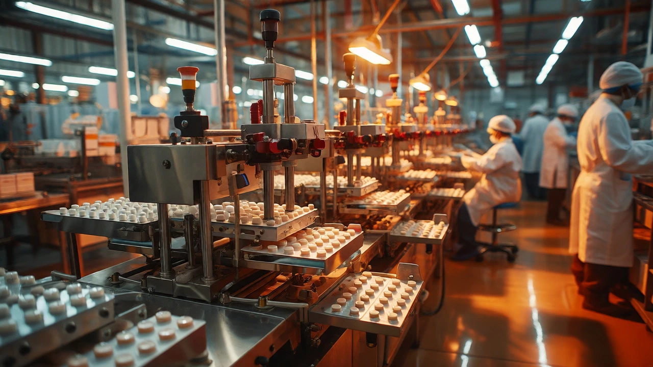 Automated packaging lines in an Indian pharmaceutical factory producing generic drugs.