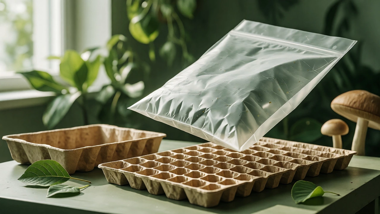 Biodegradable packaging materials and molded pulp trays