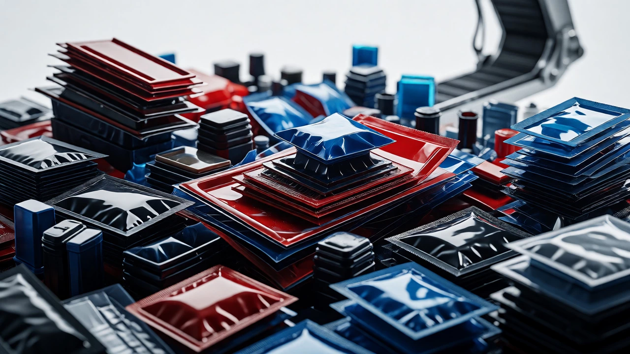 Close-up of multi-layered plastic packaging and sachets on an assembly line.