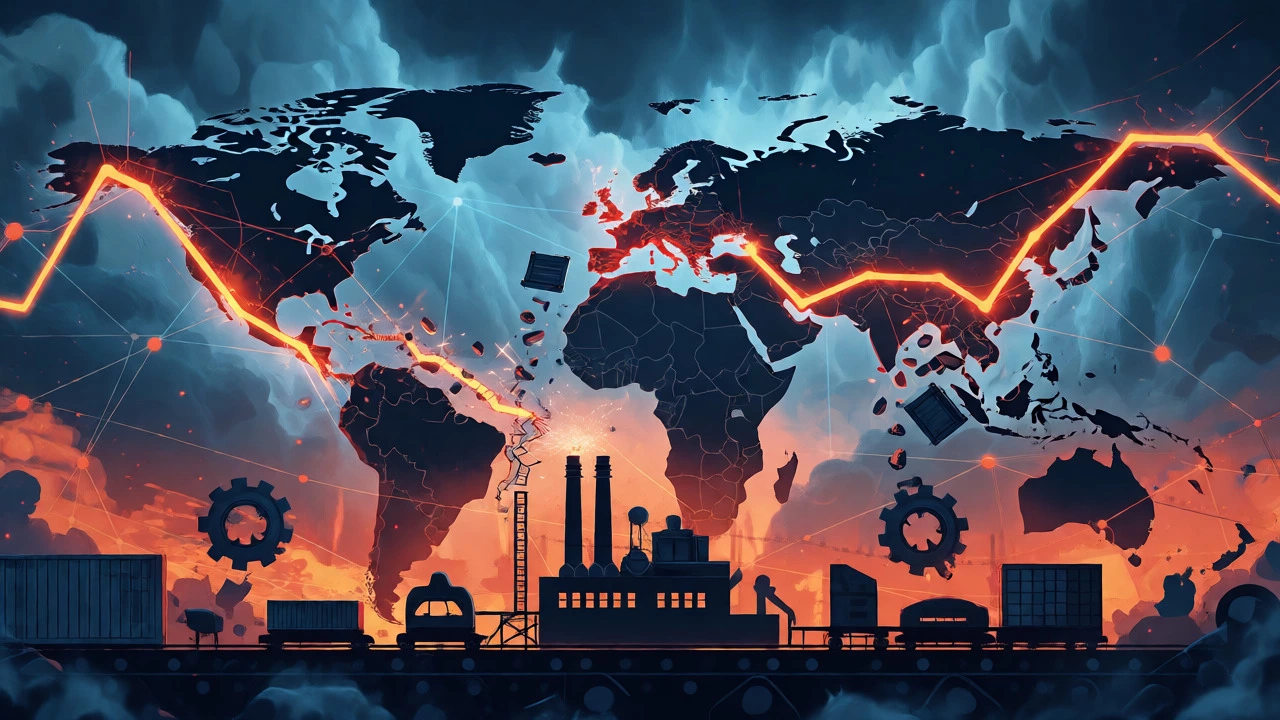 Conceptual art showing broken global supply chains affecting factories