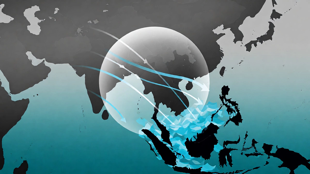 Conceptual art showing plastic pollution burden shifting to Southeast Asian countries.