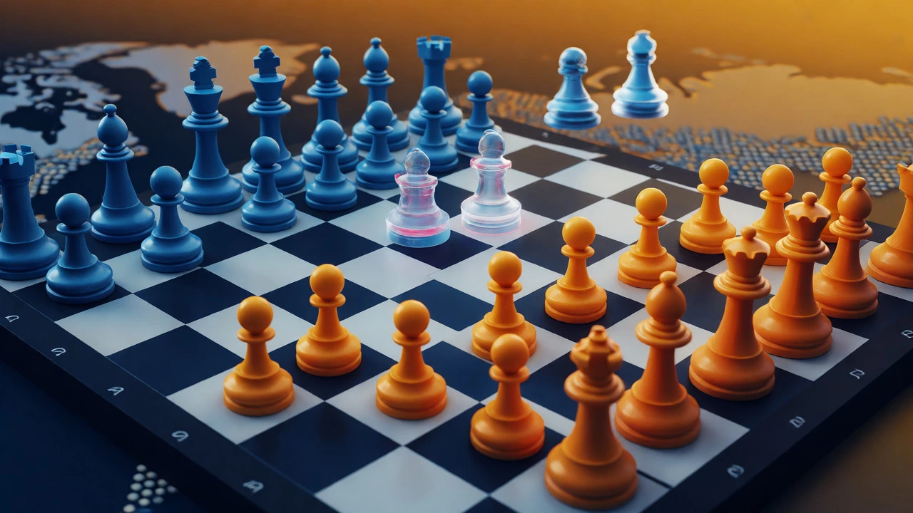 Conceptual chessboard showing global pharma competition between innovators and generics.