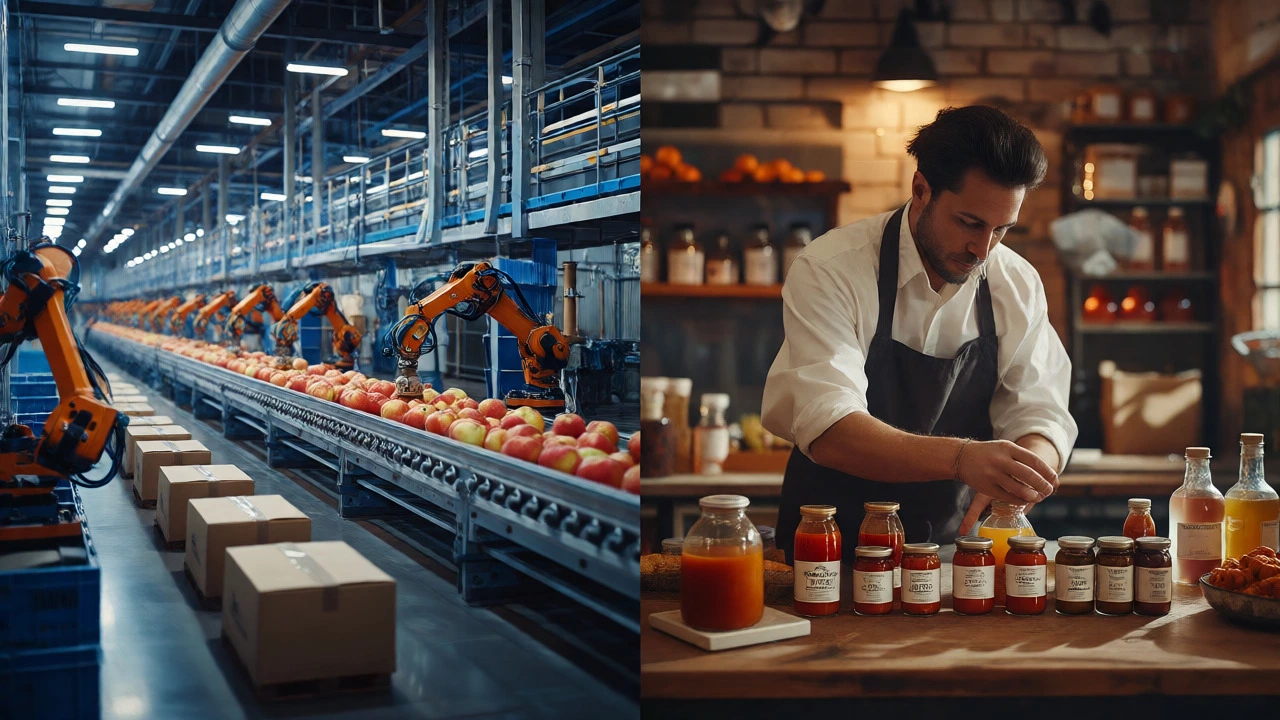 Contrast between automated industrial food factory and artisanal small-batch kitchen