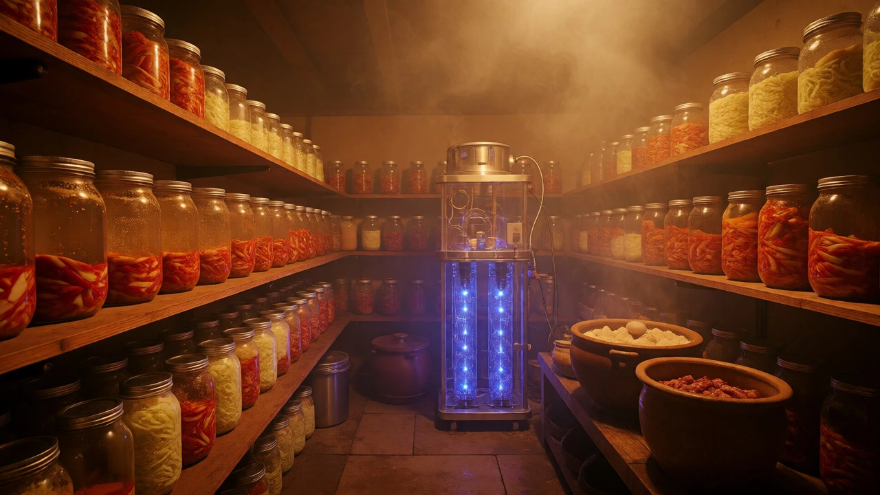 Fermentation jars and a glowing bioreactor in an artisanal food processing room with smoke.