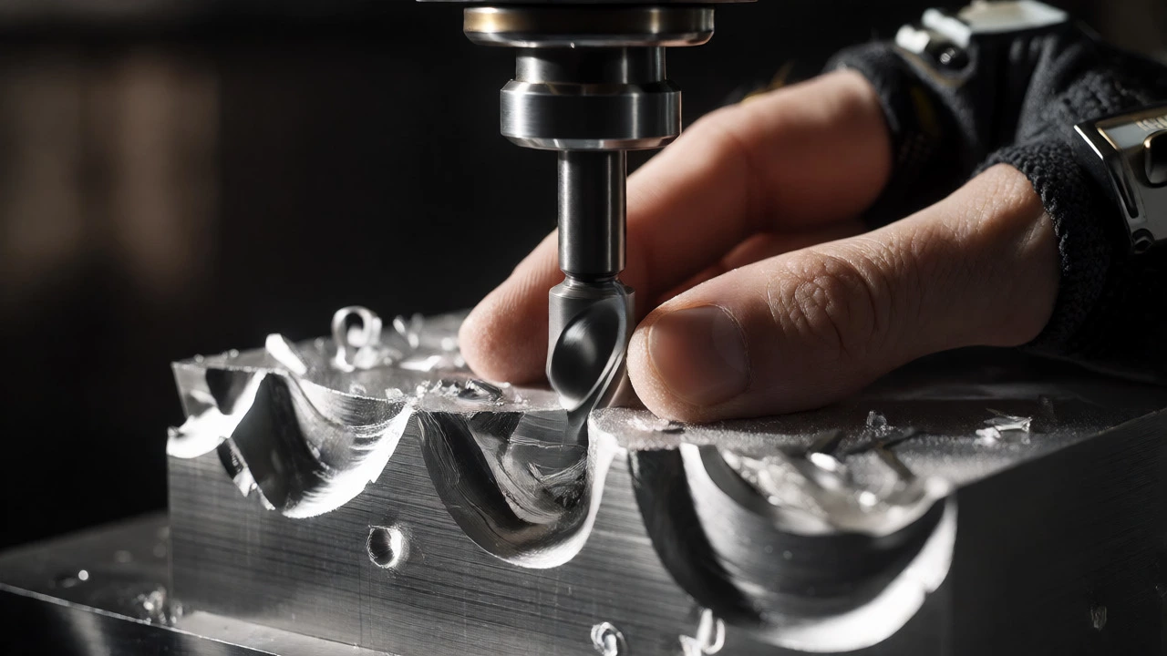 Hand guiding CNC machine cutting metal block