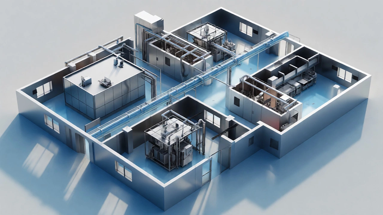 Isometric diagram of modular food processing cells and factory layout