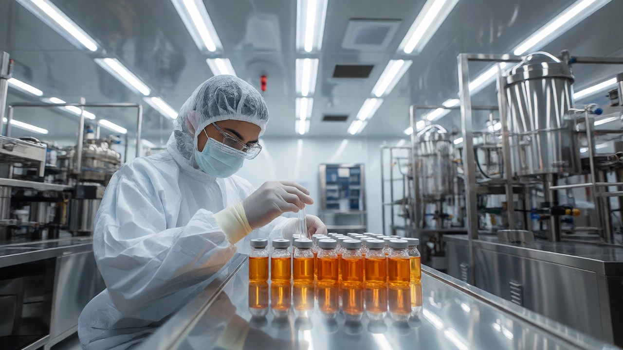 Scientist inspecting vaccine vials in a sterile pharmaceutical clean room facility