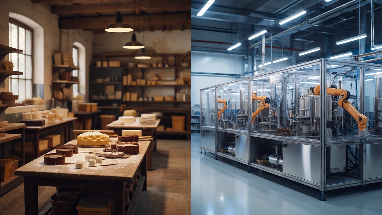 Split view comparing artisanal workshop and large-scale food plant