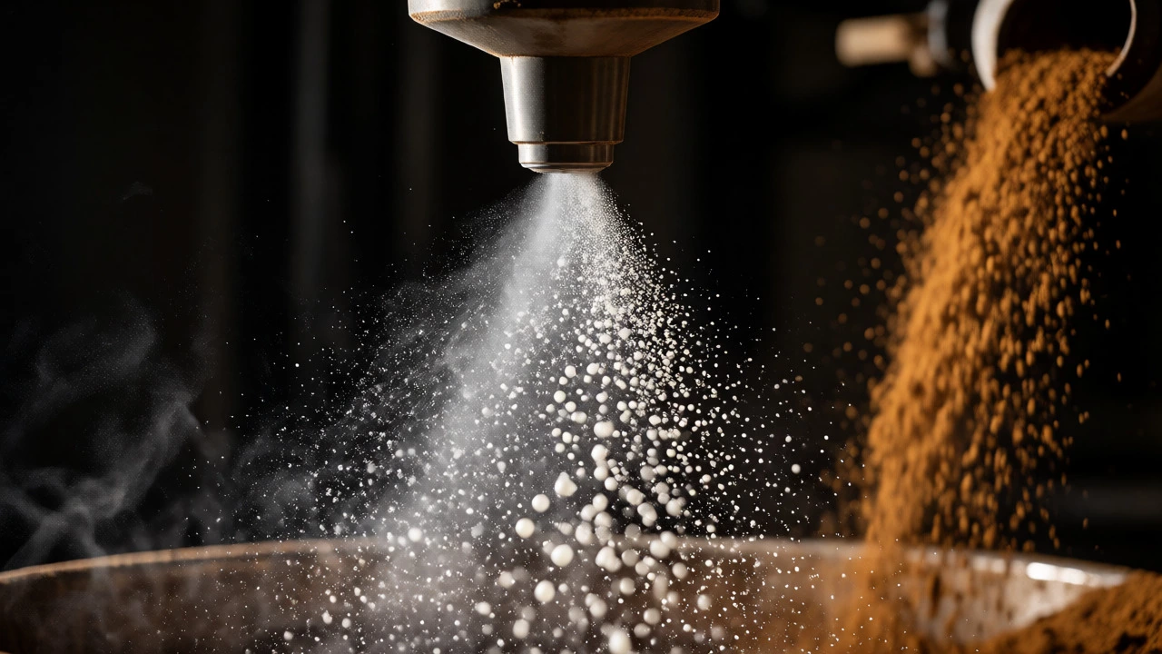Spray dryer nozzle atomizing liquid into powder with dramatic lighting and falling coffee grains.