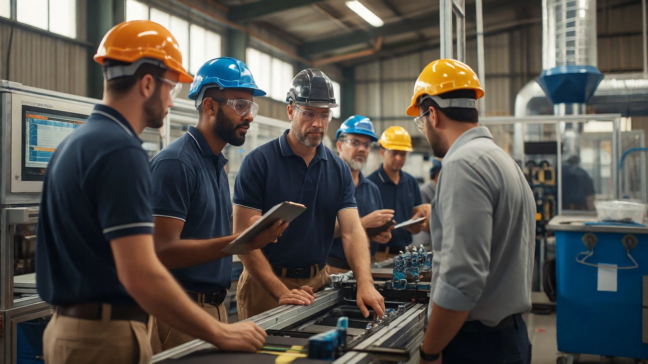 Technicians troubleshooting automated lines amid regulatory checks